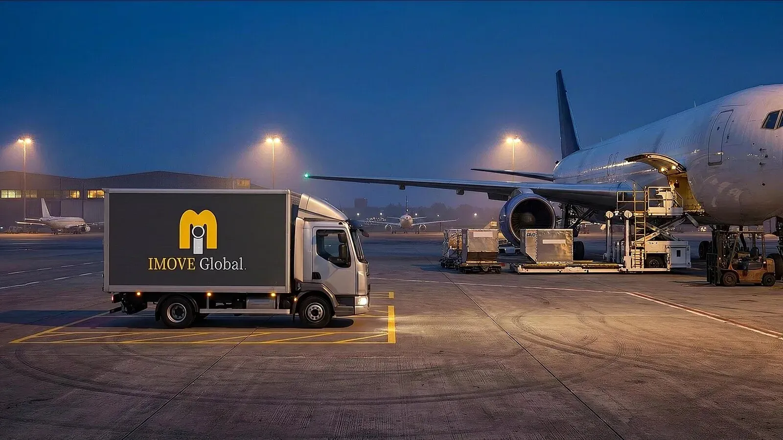 A box truck beside a cargo aircraft being loaded on an airport apron at dusk, where a move's air shipment is handed over.