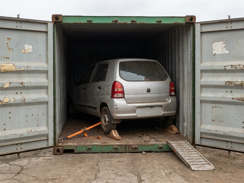 A dusty silver hatchback inside an open shipping container, timber chocks at its rear wheels and an orange ratchet strap.