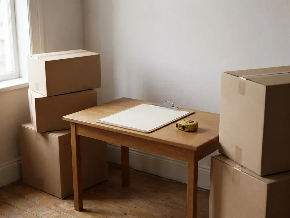 A clipboard on a table between two stacks of packed boxes, as a move is sorted into an air shipment and a sea shipment.