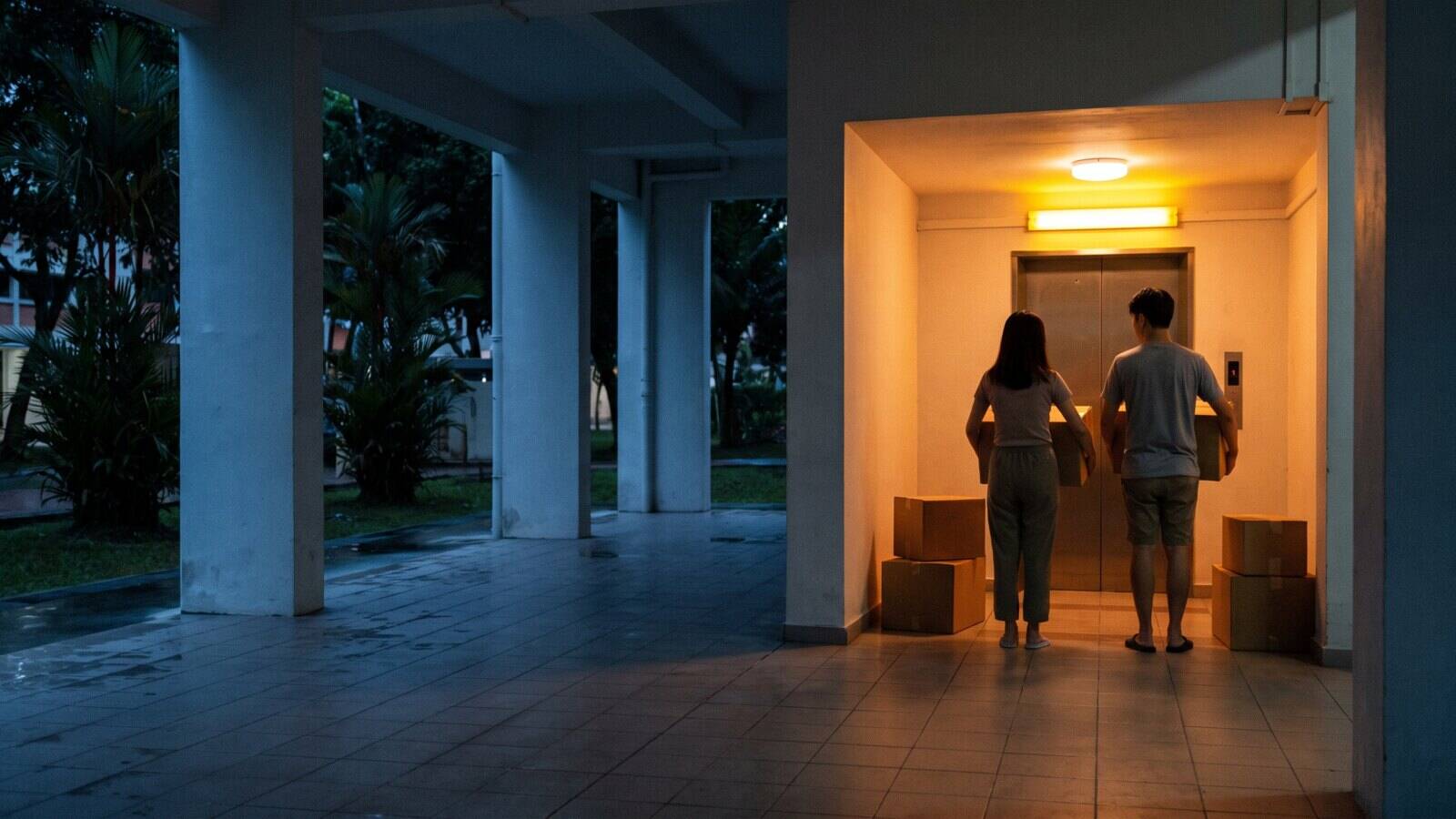 A couple carrying cartons wait for the lift at the lit lobby of a void deck at dusk, with more boxes stacked by the doors.