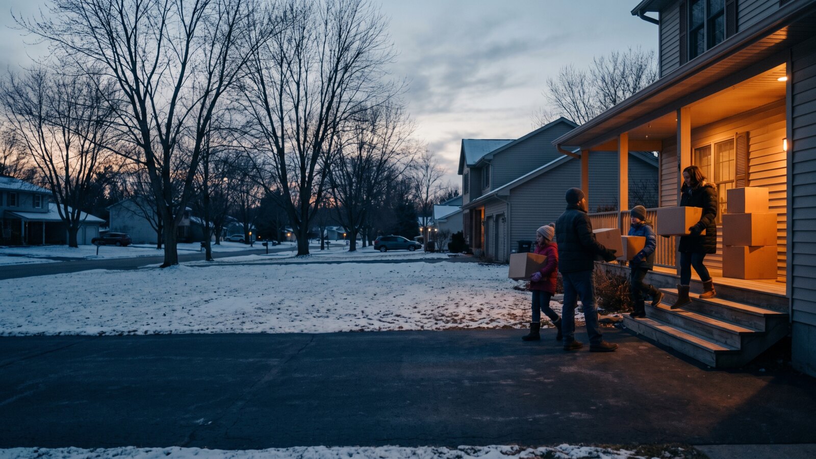 A family carrying cardboard cartons up the steps of a porch dusted with snow, the front door open behind them.