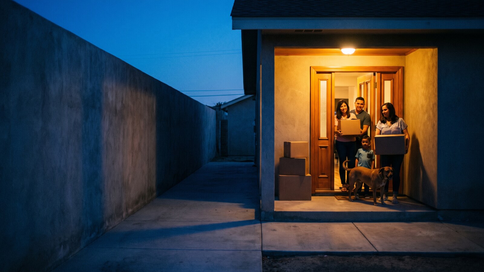 A family carrying moving cartons through a softly lit doorway at dusk.
