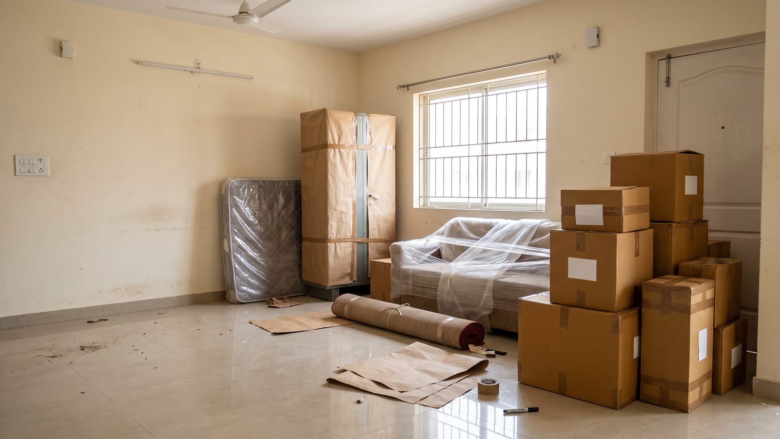 Cartons, a film-wrapped sofa, a paper-wrapped almirah and a rolled rug by the front door of a flat on packing day.