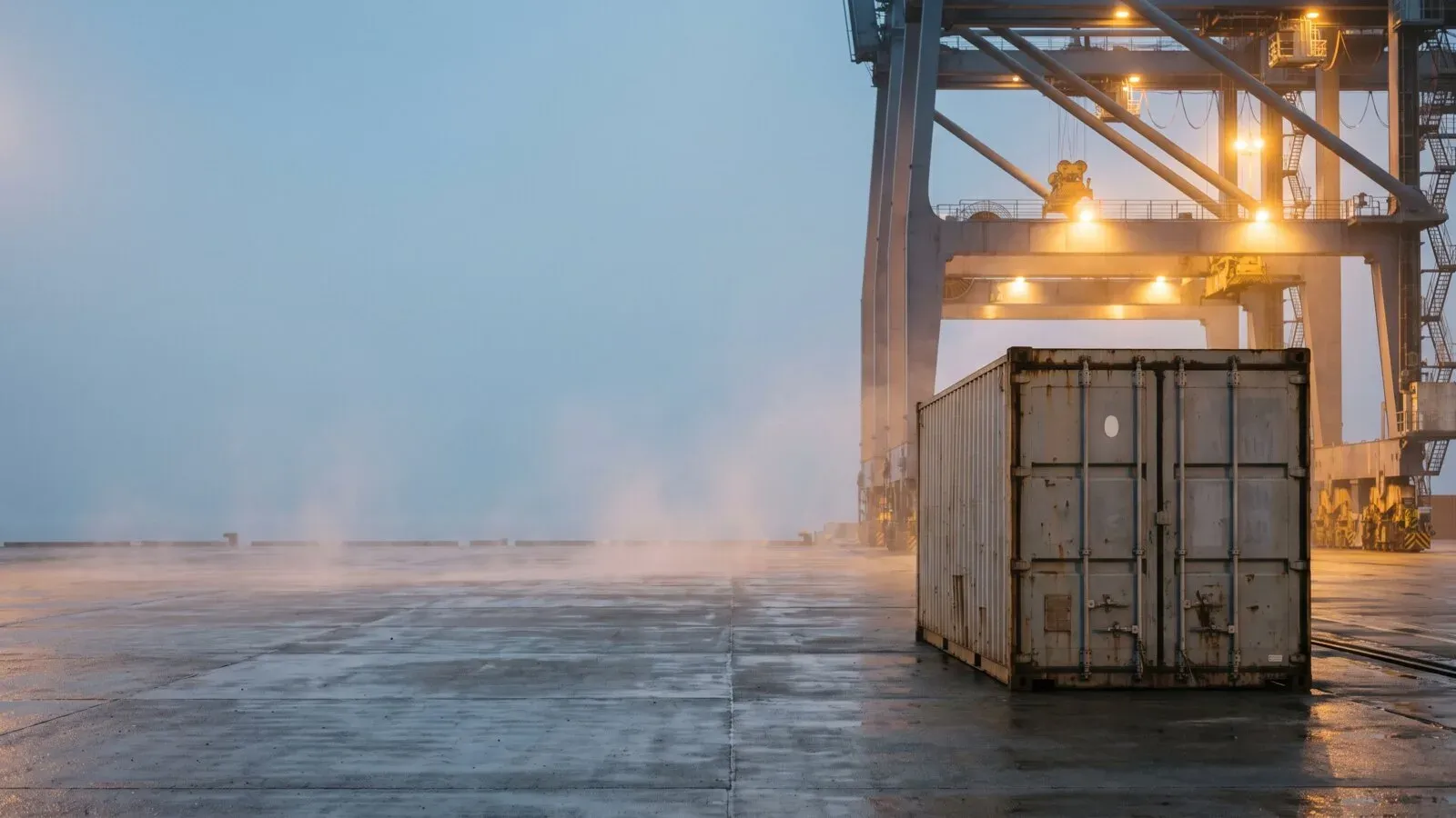 A shipping container on a wet quay under a lit gantry crane at dawn, the kind of box a sea shipment travels in.