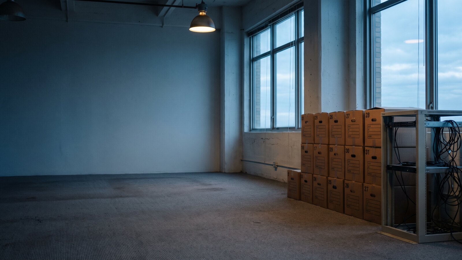 An emptied office floor at dawn, numbered crates lined along the windows where the desks used to be.