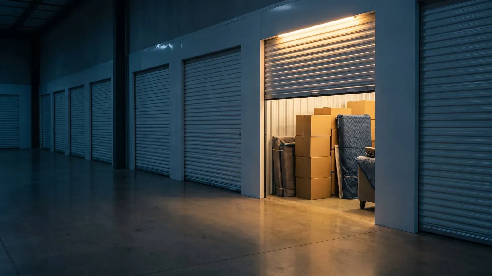 An open storage unit with stacked moving cartons at dusk, the kind of space goods wait in when a new home is not ready.