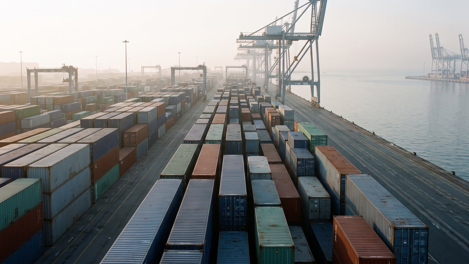 A container terminal at dawn, stacked containers and gantry cranes along the quay under a low sun.