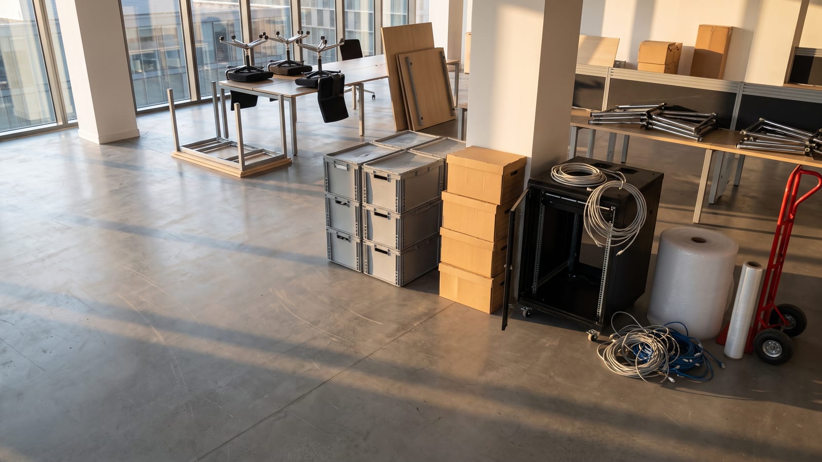 An open server rack hung with coiled network cables beside stacked crates and cartons in a part-dismantled open-plan office.