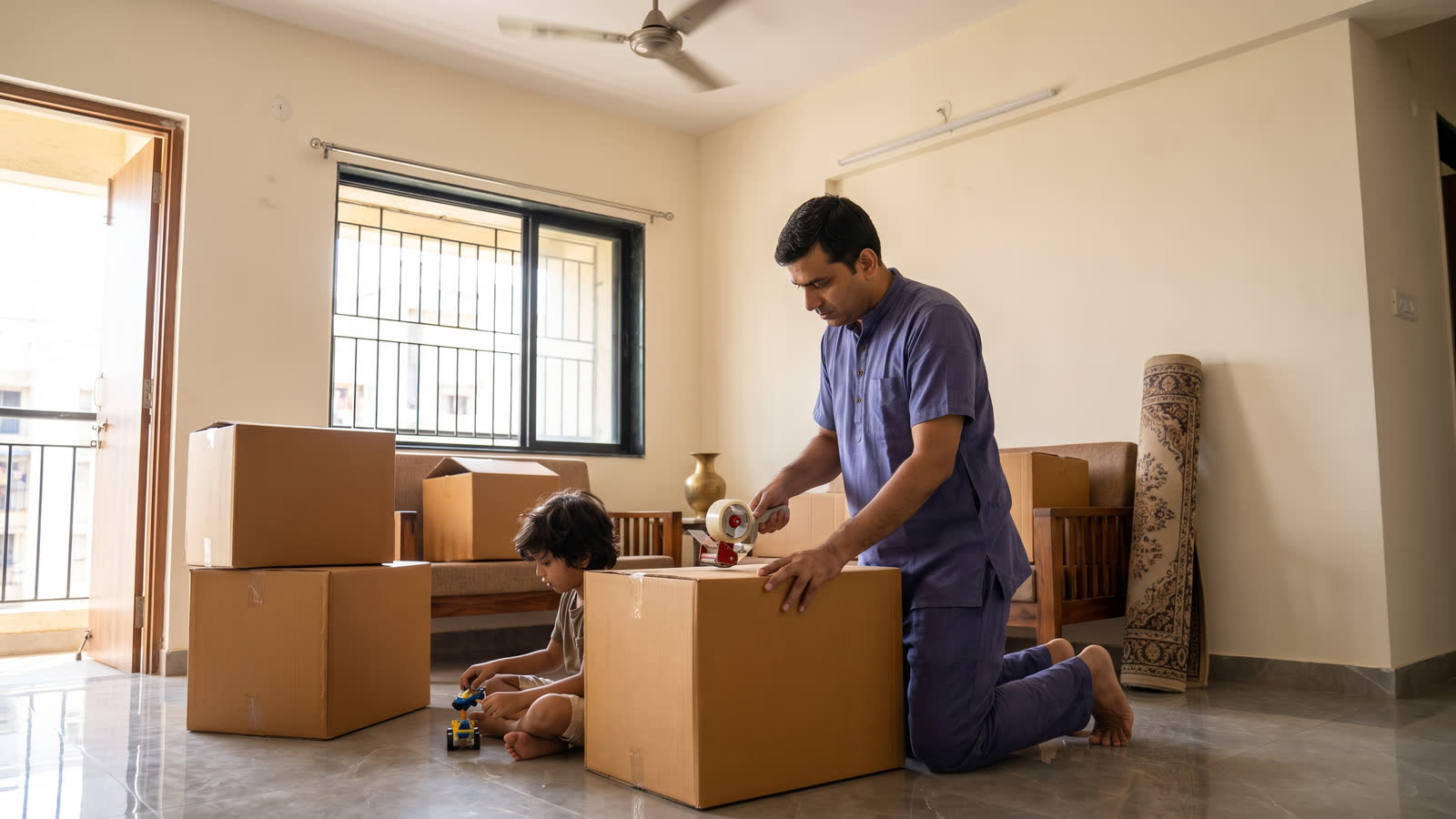 An adult in a kurta taping a plain carton shut on a tiled floor, a child playing with a toy truck among stacked boxes