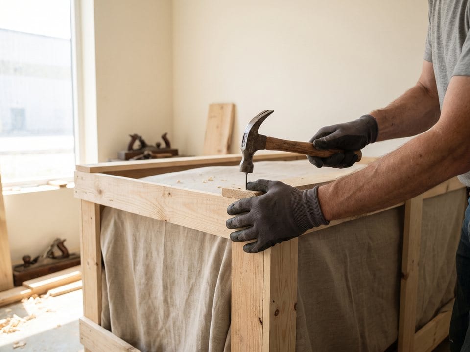 Hands holding a wooden shipping crate steady while driving a nail into its corner batten.