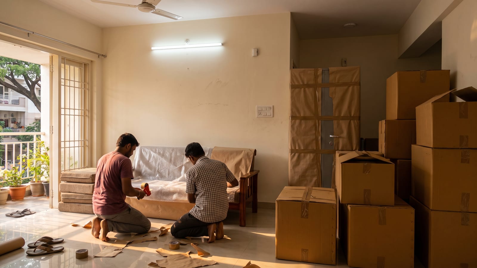 Two packers wrap a wooden sofa in bubble wrap and brown paper beside taped cartons, late sun through the balcony grille.