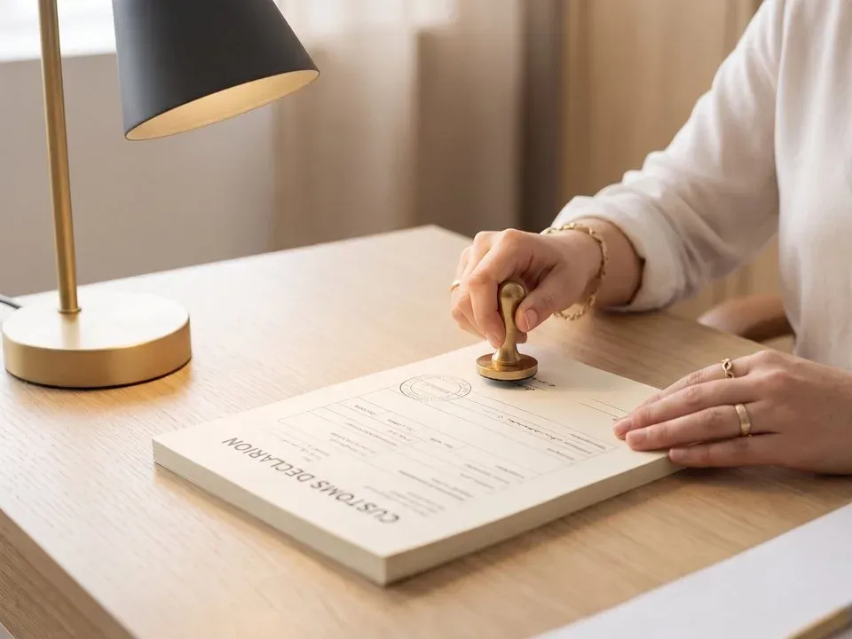 A hand stamping a customs declaration on a desk, the paperwork that has to be ready before a shipment can clear.