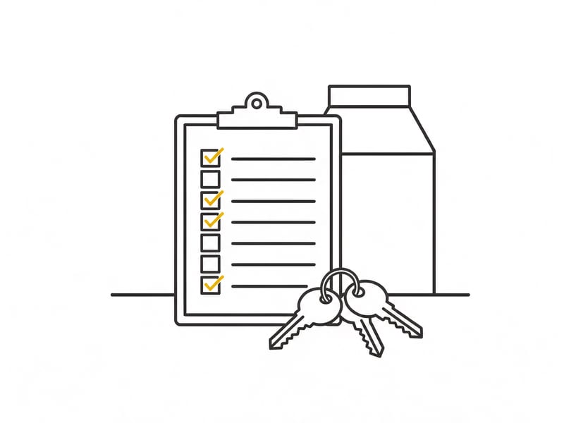 Line illustration of a checklist clipboard, a set of keys and a carton.
