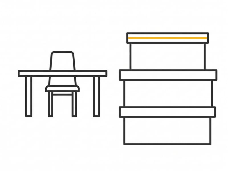Line illustration of an office desk and chair beside three stacked crates.