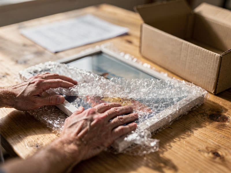 Two hands smoothing bubble wrap over a framed picture on a wooden table, beside an open carton and a blurred paper sheet
